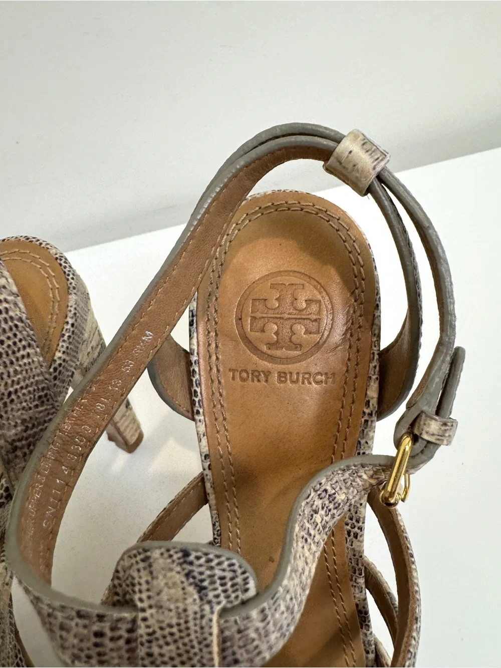 Tory Burch Charlene Cream Snake Embossed Leather Caged Heeled Sandals 6.5 Shoes